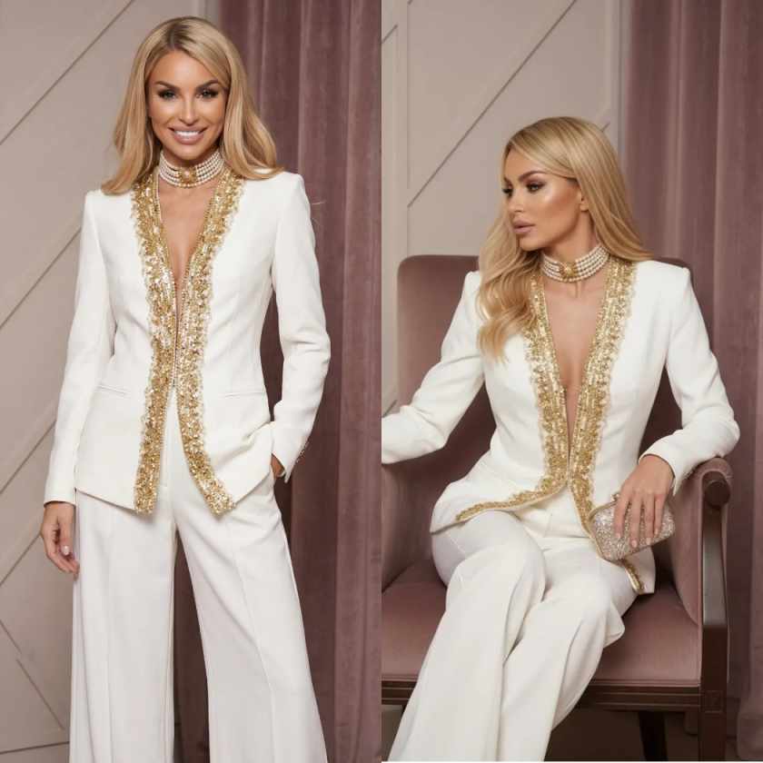 Women Formal Wear For Graduation - 2 stuks damesbroekpakken modeshow gouden kralen