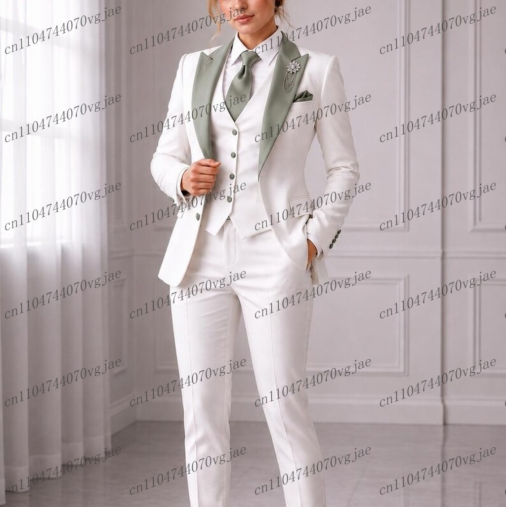 Blazer Set Women Formal - Mintgroene kraag witte formele zakelijke damespak