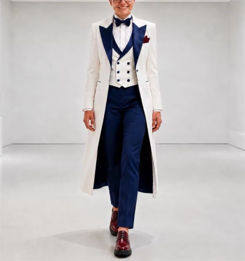 Woman Formal Wear - Marineblauw-wit damespak, elegant, op maat gemaakt,