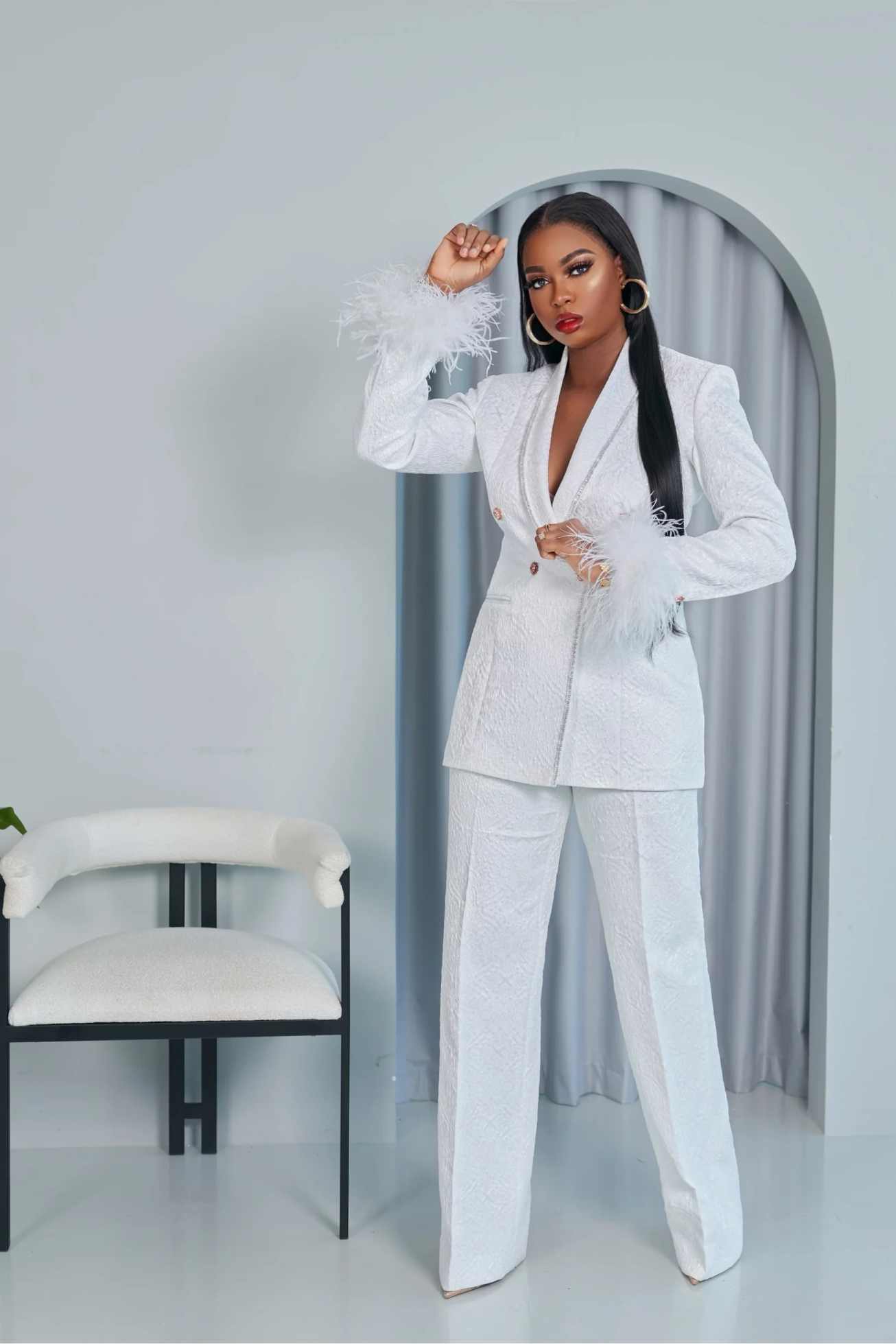 Women Formal Wear For Graduation - Formele damesjassets met bloemmotief en veren,