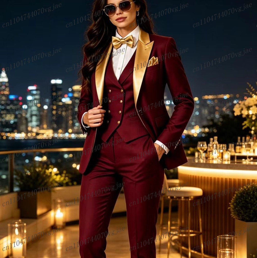 Gouden kraag en bordeauxrood f - Blazer Set Women Formal recensie en prijs